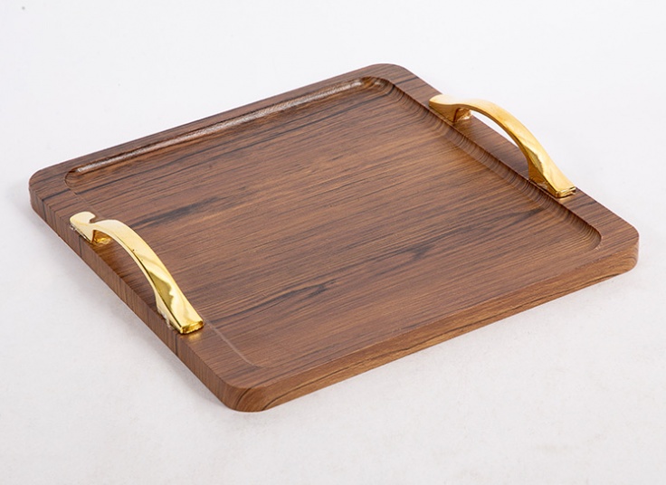 سینی پذیرایی چوبی دسته طلایی