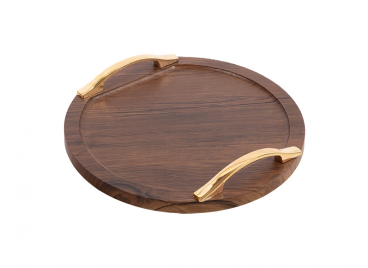 سینی پذیرایی چوبی دسته طلایی